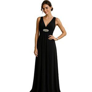 NWoT BCBG Max Azria Black Empire Waist Evening Gown w/ Rhinestone Brooch Sz S